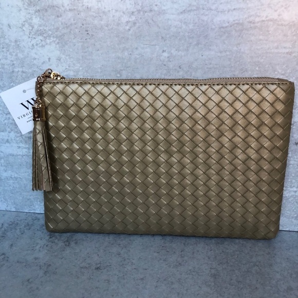 Virginia Wolf NYC Mimi Woven Metallic Gold Faux Leather Clutch Pouch - Picture 10 of 10
